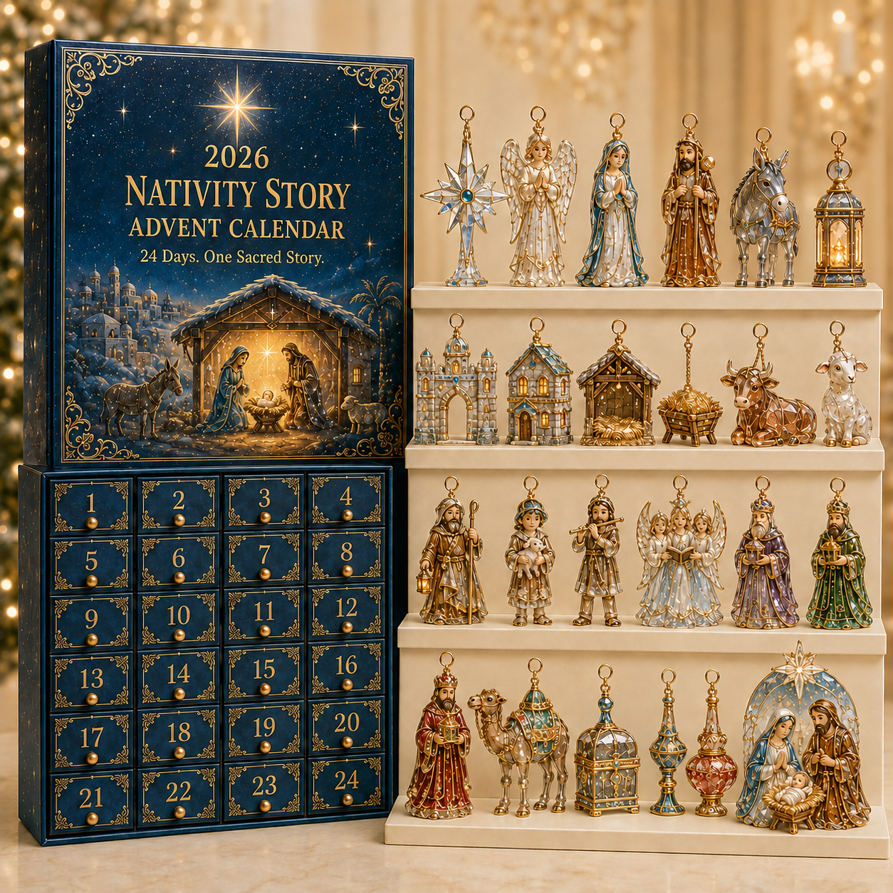 Nativity Story calendar beside the complete ornament collection